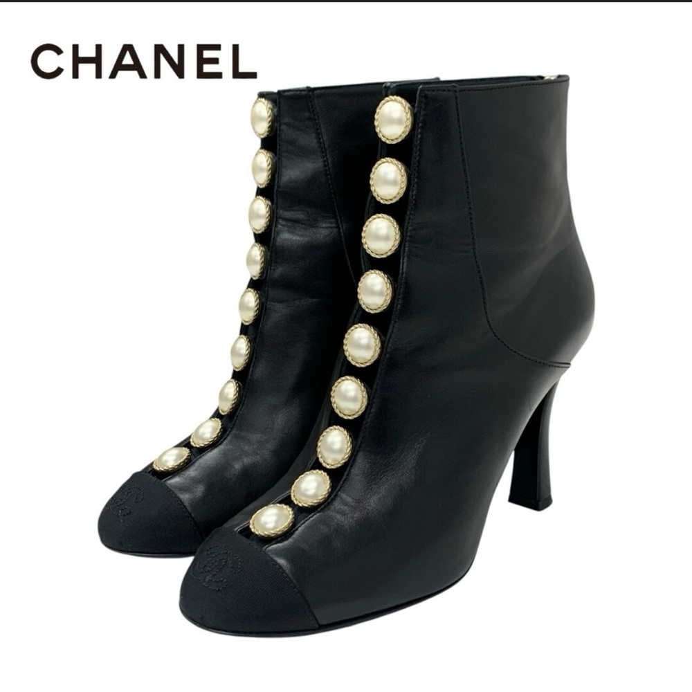 CHANEL Black Ankle Boots with Pearl Accents